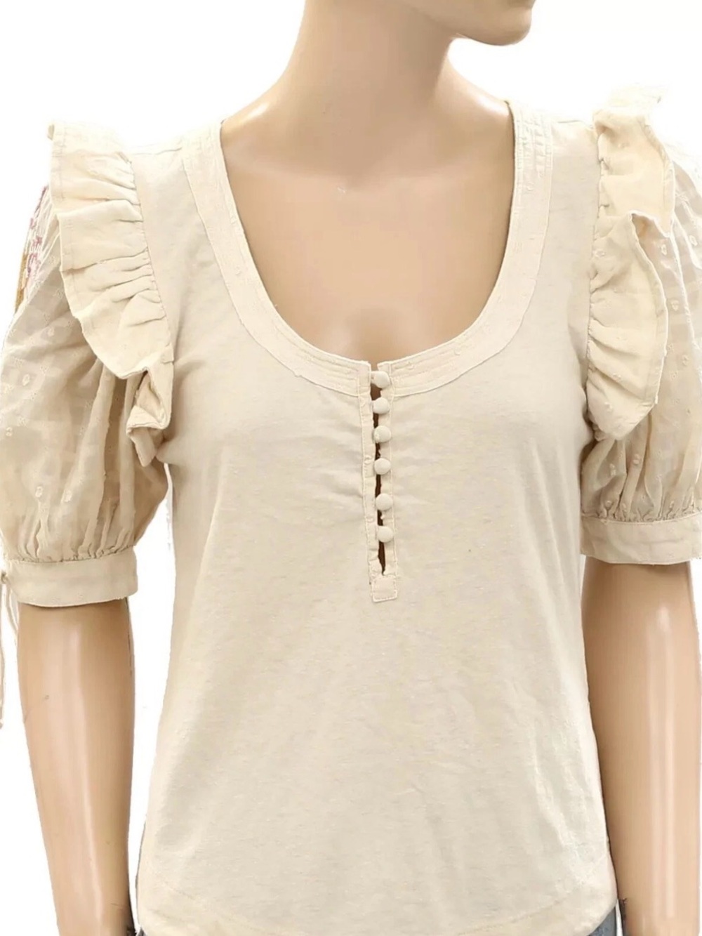 By Anthropologie Floral Embroidered Puff-Sleeve Blouse Top Ruffle XS
